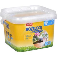 Hozelock Micro EASY DRIP irrigation set in yellow box with clear lid, featuring garden watering components and plant images.