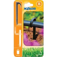 Black Hozelock MICRO irrigation hose stake with hook top, packaged on orange card with product image and branding.