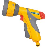 Yellow and gray Hozelock Multi Plus water spray gun with ergonomic grip and adjustable nozzle.