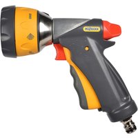 Gray and yellow Hozelock Multi Ultramax water spray gun with ergonomic handle and adjustable nozzle.