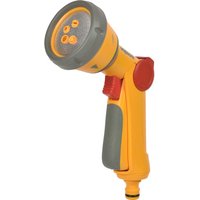 Yellow and grey Hozelock Multi Water Spray Gun with red trigger and adjustable nozzle settings.