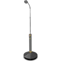 Hozelock Outdoor Solar Shower with tall gray stand, adjustable showerhead, and circular black base.