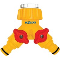 Yellow Hozelock plastic dual threaded tap connector with two red valves and black O-rings.