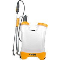 White and orange Hozelock PULSAR PLUS knapsack sprayer with ergonomic handle and adjustable spray nozzle.