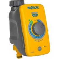 Yellow Hozelock SELECT Controller Water Timer with grey dial and digital display, attached to a grey housing.