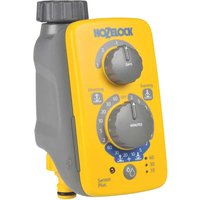 Yellow and gray Hozelock water timer with dual dials for programming, featuring sunrise/sunset sensor settings.