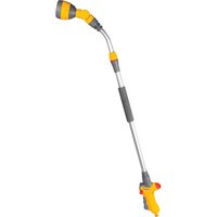 Yellow and gray Hozelock telescopic water spray lance with adjustable nozzle and ergonomic handle.