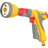 Yellow and gray Hozelock Ultra Twist spray gun with red accents, ergonomic handle, and adjustable nozzle.