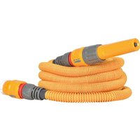 Yellow Hozelock Wonderhoze expanding hose pipe with orange and grey connectors, coiled and textured.