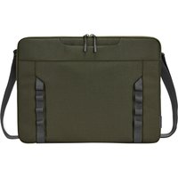 Green HP 15.6-inch laptop sleeve with black straps, dual zippers, and sleek design.