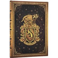 Hufflepuff journal with gold crest and intricate border, dark brown cover, elastic band closure, Harry Potter collection.