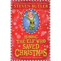 Red book cover "Humbug: The Elf Who Saved Christmas" with an elf in a green outfit holding candy canes.