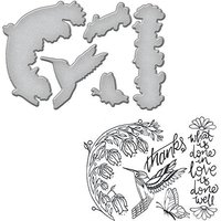 Hummingbird die set with bird, flowers, and script stamps, including "thanks" and "what is done in love is done well."