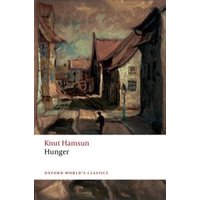 Book cover for "Hunger" by Knut Hamsun, featuring a dark, moody painting of a narrow street with old buildings.