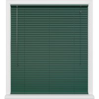 Hunter green window blinds with horizontal slats and pull cords, framed by a white window casing.