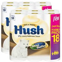 Hush Luxury Sea Butter toilet tissue, quilted, extra soft, eco-friendly, 3-ply, polar bear image, 18-roll packs.