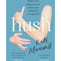 "Hush" book cover, blue background, features an arm forming a hush gesture, white and black text.