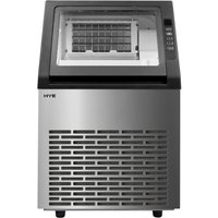 Stainless steel HYE commercial ice machine with black top panel and front vent grille.