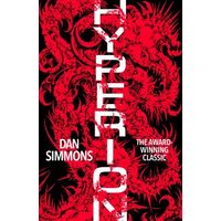 Red and black cover of "Hyperion" book by Dan Simmons, featuring intricate dragon designs and bold white text.