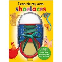 Children's book with colorful shoe illustration, green laces, and cartoon animals, titled "I Can Tie My Own Shoelaces".