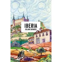 "Iberia book cover with colorful illustration of a castle, houses, and a motorcyclist on a winding road"