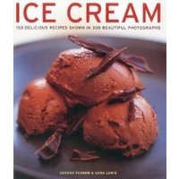 Chocolate ice cream scoops on a black plate with chocolate shavings, cover of a recipe book titled "Ice Cream".