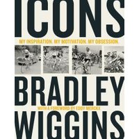 "Book titled 'Icons' by Bradley Wiggins, featuring cycling images and bold black and white text on the cover"