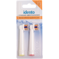 White Idento standard brush heads, two-pack, with colored rings, in clear plastic packaging with blue and orange accents.