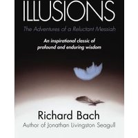 "Book titled 'Illusions' by Richard Bach, featuring a feather and shadow on a white and black cover"