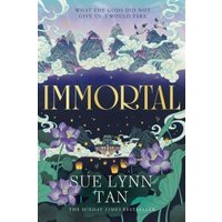 "Immortal book by Sue Lynn Tan, featuring a mystical landscape with mountains, clouds, and purple flowers on the cover"