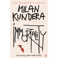 "Paperback book 'Immortality' by Milan Kundera, cream cover with bold black title and red shoe illustration"