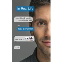 "In Real Life" book cover featuring a man's face, text bubbles, and blue title on a gray background.