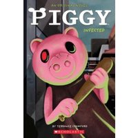 "Piggy Infected book cover featuring a cartoon pink pig with a bat, red eye, and urban background"