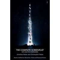 "Interstellar screenplay book, black cover with vertical white title and cosmic background"