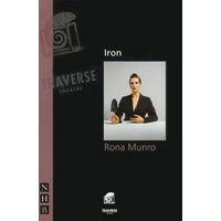 Black book cover titled "Iron" by Rona Munro, featuring a woman in a dark suit sitting at a table.