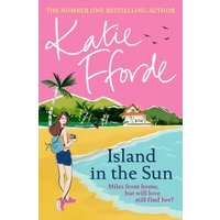 "Island in the Sun" book cover with woman on beach, palm trees, and house, pink sky with white script title.