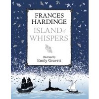 "Island of Whispers book with blue cover, white text, and illustrations of ships and a lighthouse by Emily Gravett"