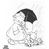 Child in raincoat holding black umbrella over a dog and doll, with raindrops falling around them.