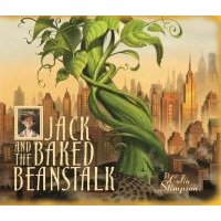 "Jack and the Baked Beanstalk book cover with a giant beanstalk towering over a city skyline, vintage illustration style"