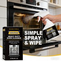 JAKEHOE Heavy Duty Oven Cleaner spray bottle with black label, yellow accents, and box beside an open oven.