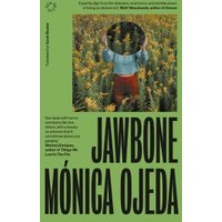 Green book cover titled "Jawbone" by Mónica Ojeda, featuring a person holding a circular mirror in a field.