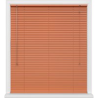 Orange Venetian blinds with white frame, featuring a pull cord on the left side.