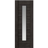 Dark grey glazed laminate internal door with vertical glass panel and wood grain texture.