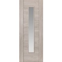 Light grey glazed laminate internal door with vertical glass panel, wood grain texture, and modern design.