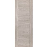 Light grey laminate internal door with vertical panel design, measuring 35x1981x838 by JB Kind.
