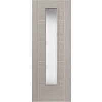 Light grey glazed laminate door with vertical rectangular glass panel and subtle wood grain texture.