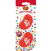 Red Jelly Belly Very Cherry Duo Vent Air Freshener, jelly bean shape, with colorful bean pattern on packaging.