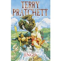 "Jingo book by Terry Pratchett, colorful cover with characters in a boat on swirling green waters"