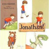 "Children's book 'Jonathan!' with illustrated boy in red shirt, blue shorts, and playful animal costumes on cover"