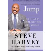 Purple cover book "Jump" by Steve Harvey, featuring author in a gray pinstripe suit and tie, smiling with arms crossed.
